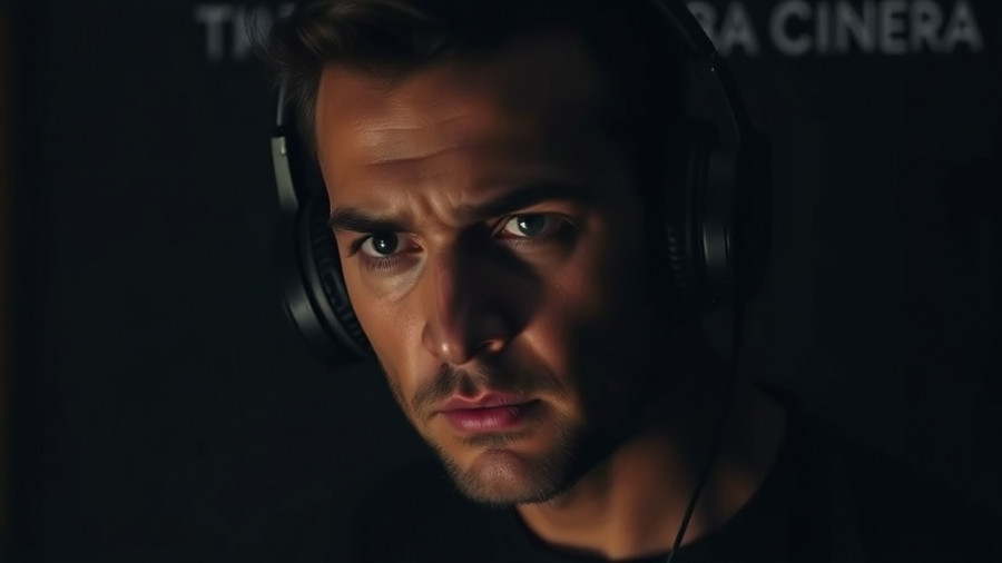 Moody podcast cover featuring a man with headphones, motivational storytelling theme.