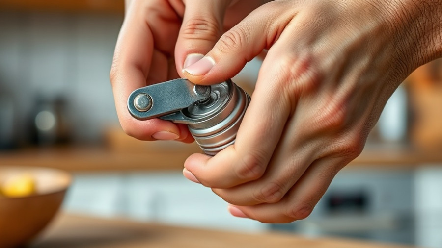 Close-up view of using a can opener properly in kitchen.