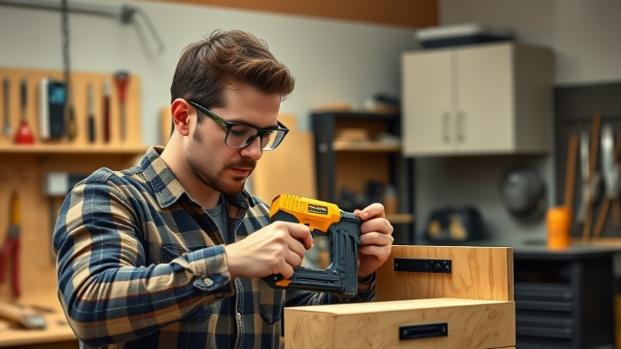 Person building a DIY charging station with a nail gun in workshop