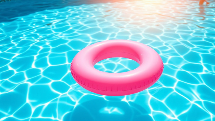 Pink inflatable ring in an above-ground pool on a sunny day.