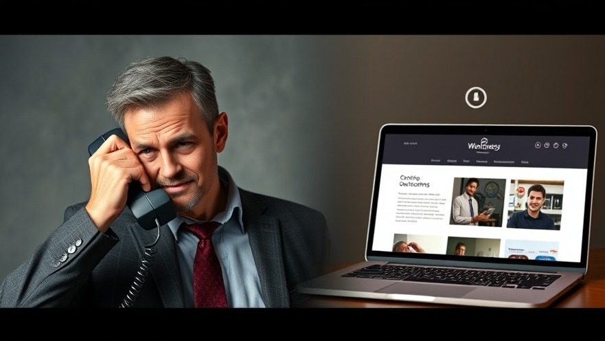 A man struggles with a landline phone, contrasting with AI-driven SEO on a modern website.