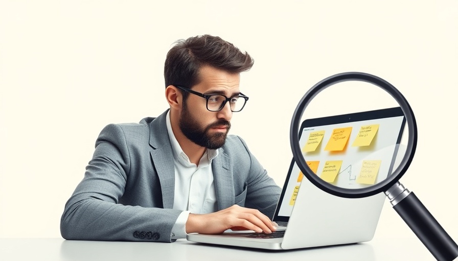 Modern collage of market research professional with laptop and magnifying glass.