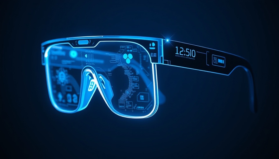 Futuristic holographic smart glasses with digital display, deep blue background.
