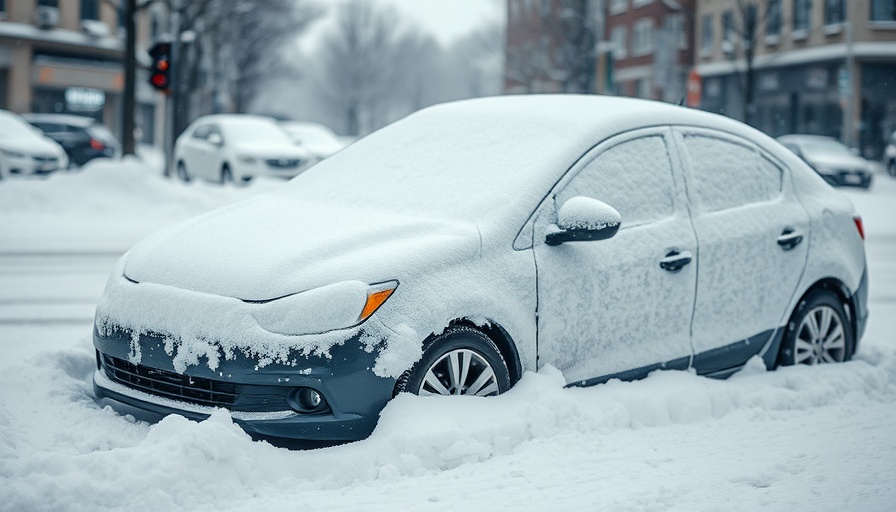 Car stuck in snow, covered with heavy snowfall.