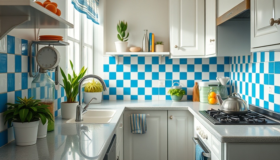 Dated home decor kitchen with blue and white tiles.