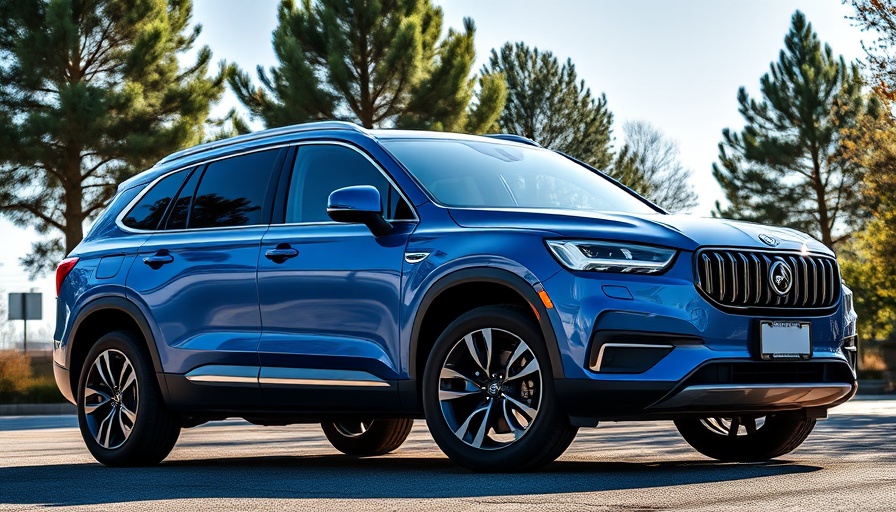 Sleek blue SUV with trees in the background under a clear sky.