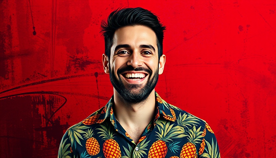 Pop-art style image of a smiling man with abstract background, relating to performance marketing.