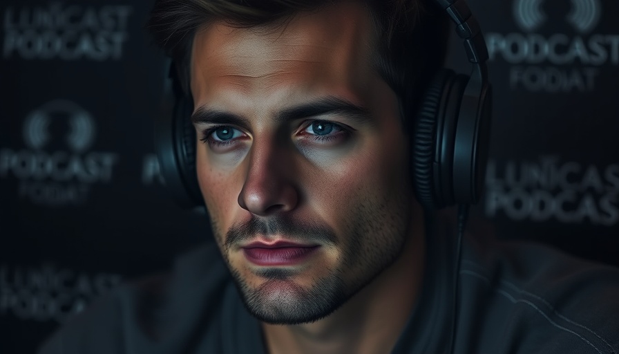 Moody podcast image promoting self-empowerment, man with headphones.