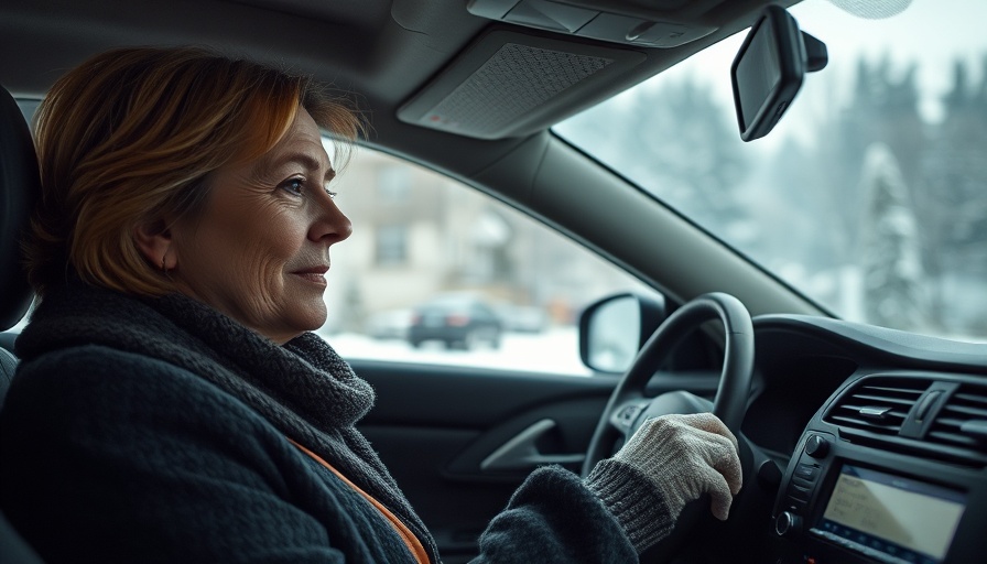 Middle-aged woman adjusting radio in car, focusing on car noises in cold weather.