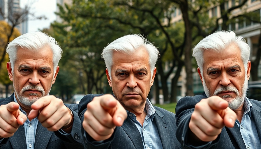 Three lifelike identical men pointing in an urban park, deepfakes theme.