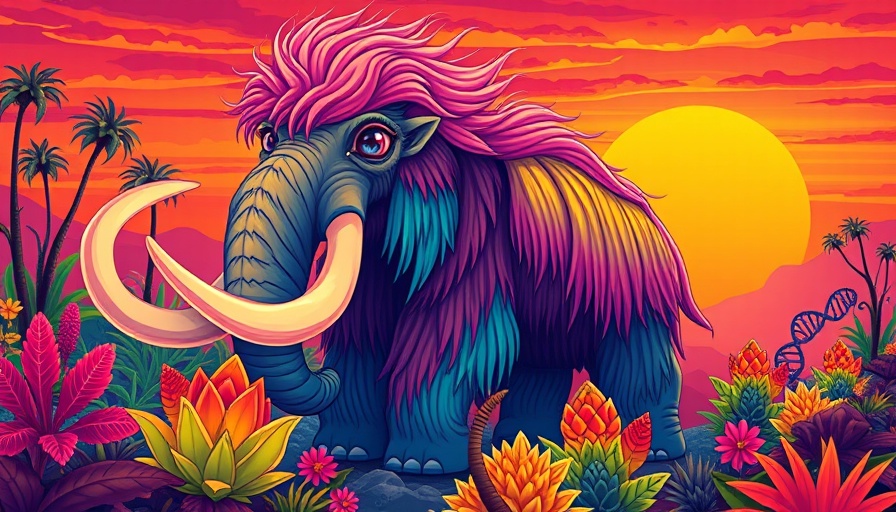 Psychedelic woolly mammoth illustration with DNA and sunset.