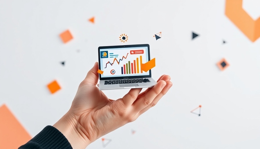 Digital graphic of a hand holding a miniature laptop with playful accents.