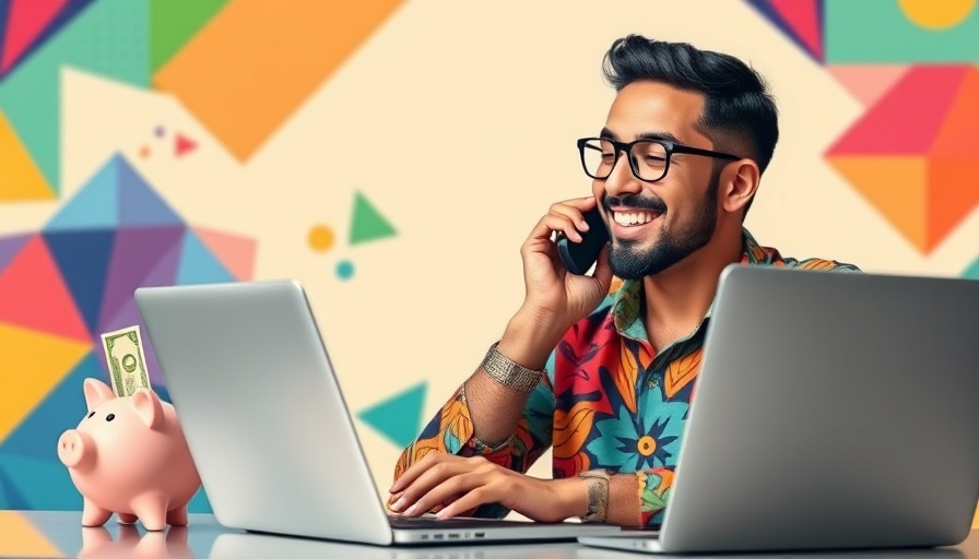 Vibrant man engaged in telemarketing with dynamic cartoon elements.