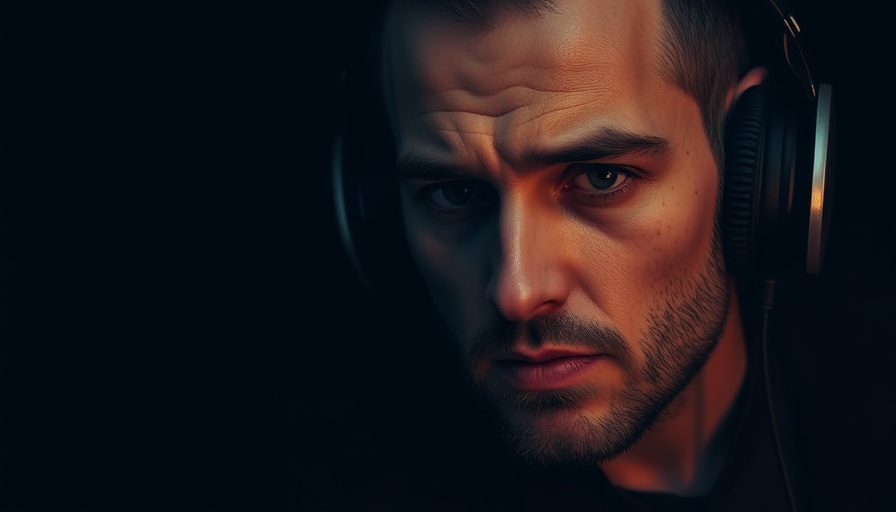 Contemplative man with headphones in a moody podcast setting.