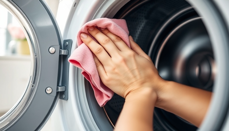 Hand cleaning a washing machine with a pink cloth