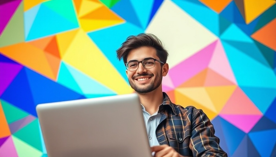 Young man engaged with laptop, colorful abstract background, Retail Media Networks.