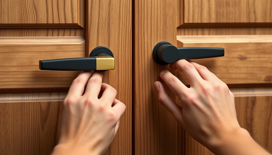 Installing cabinet hardware on wooden doors, close-up view.