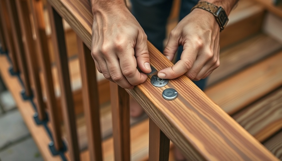 Home repairs on deck railing with close-up of hands.
