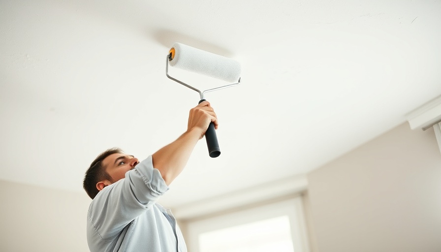 Man demonstrating how to paint a ceiling with a roller.