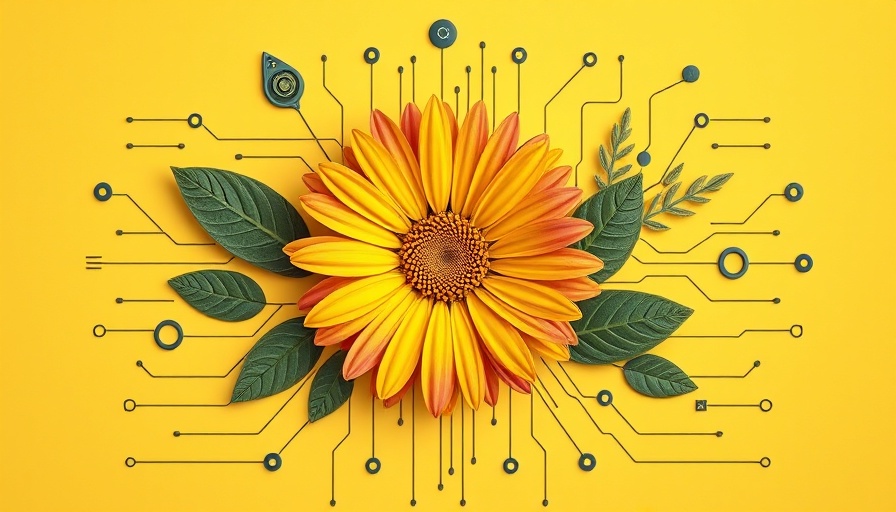 Artificial leaf and daisy with tech elements on yellow.