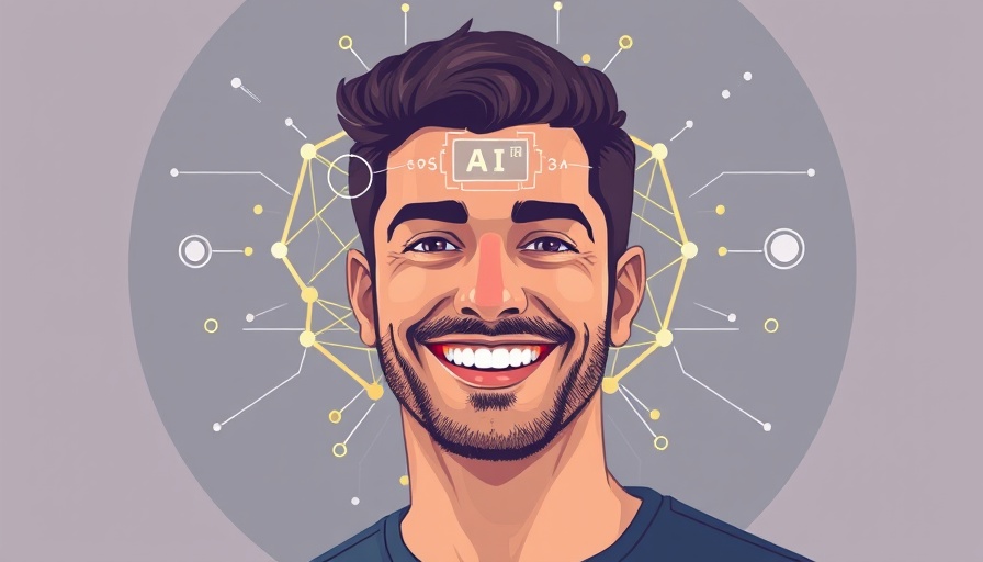 AI in marketing 2025 concept with digital brain and smiling man.