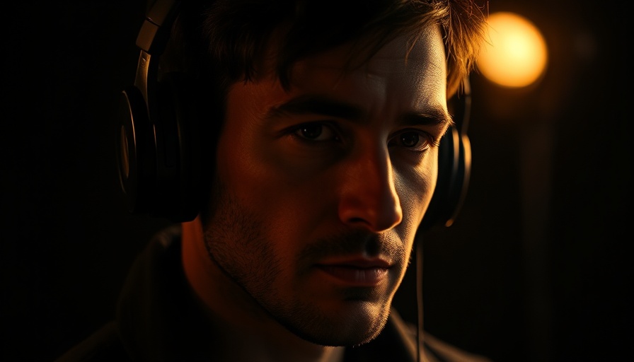Podcast cover art featuring introspective man in headphones, represents personal empowerment through motivation.