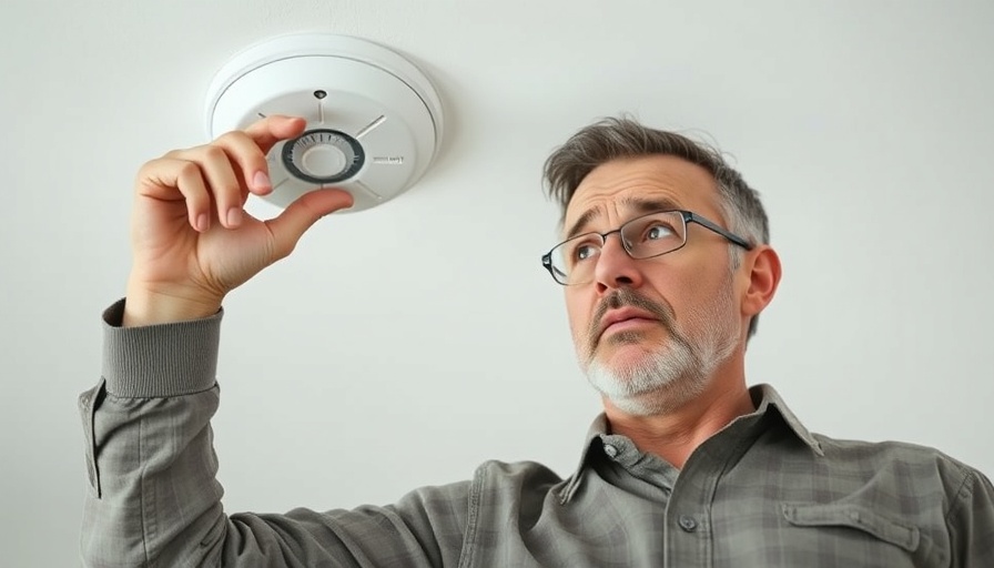 Middle-aged man pressing fire alarm on ceiling, checking device.