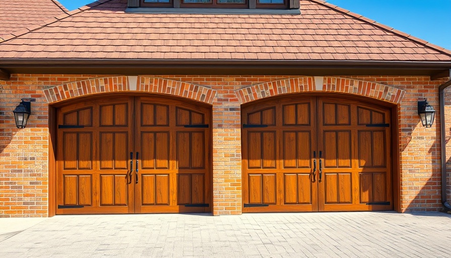 Buying a garage door tips: Rustic wooden doors on brick building.
