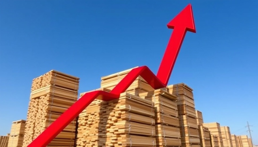 Lumber price increase depicted by timber stacks and upward arrow.
