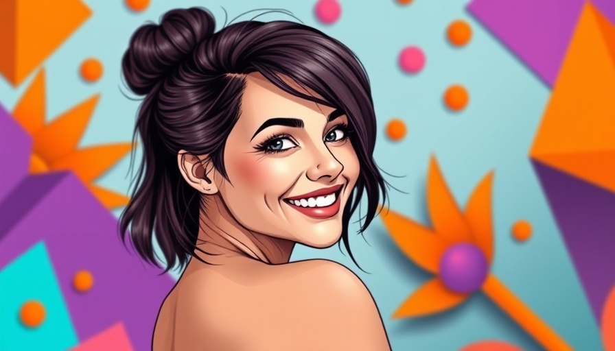 Stylish woman smiling in vibrant geometric background, highlighting inclusivity.