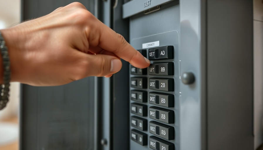 Hand pointing at breaker box switch for home maintenance tips to reduce costs.
