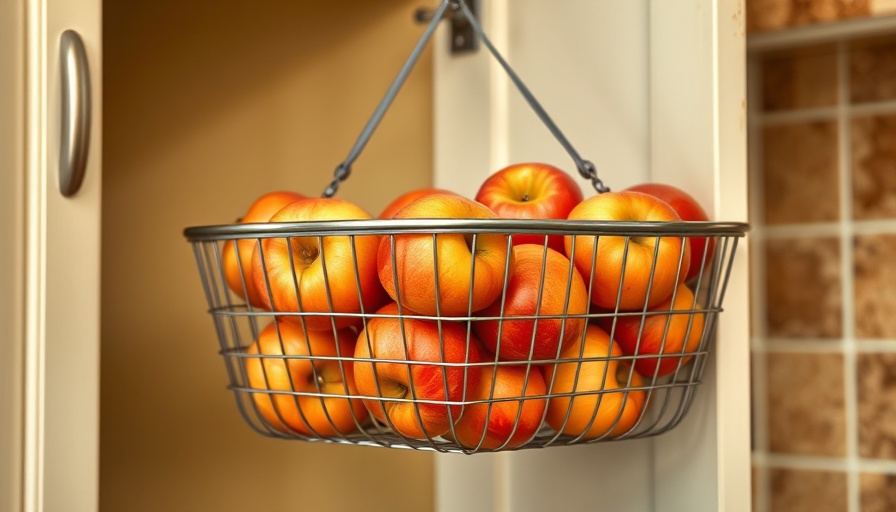 Clever kitchen basket for apples hanging on cabinet; kitchen organization hacks.