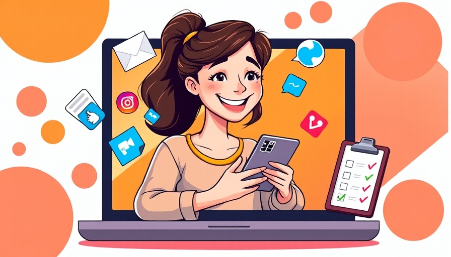 Social media marketing checklist illustration with woman and icons.