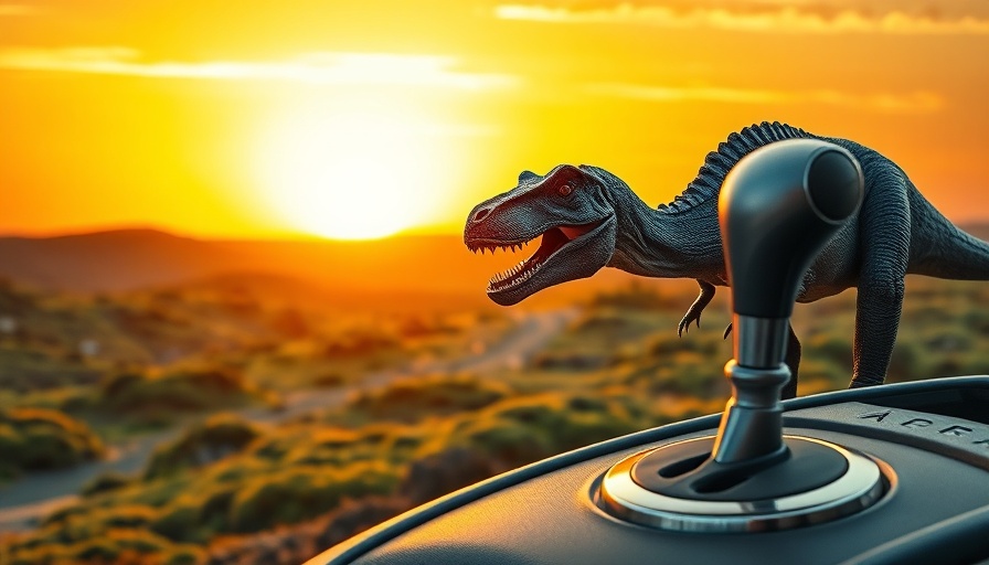 Dinosaur with gear shift illustrating decline of manual transmissions