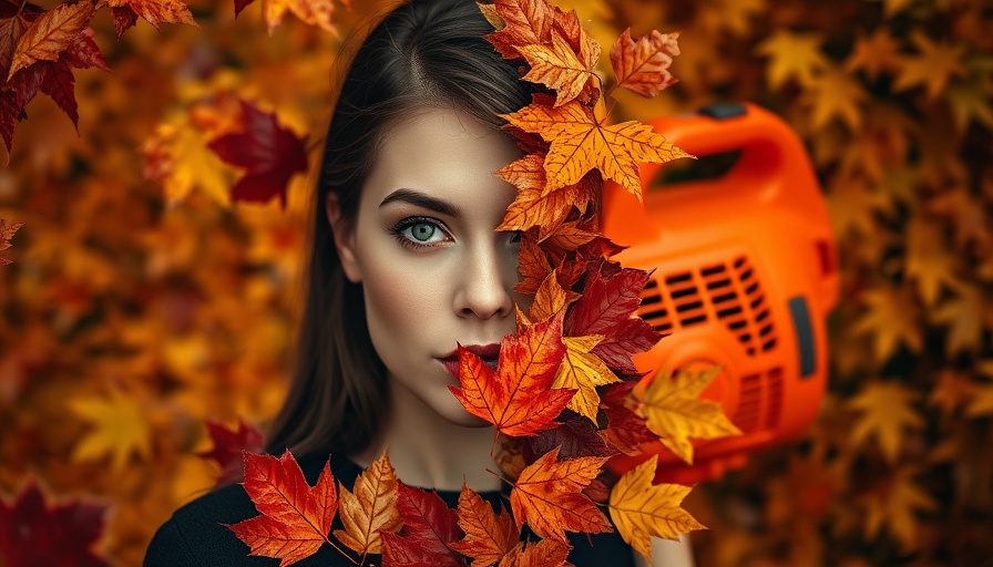 Juxtaposition of a woman and a leaf blower with autumn leaves.