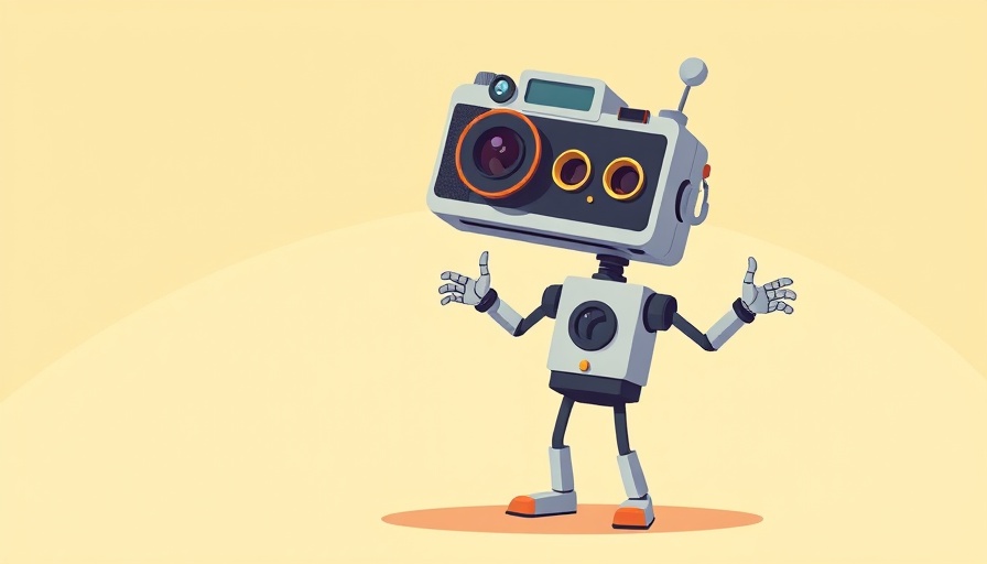 Quirky vintage camera and robot illustration for AI image generators.