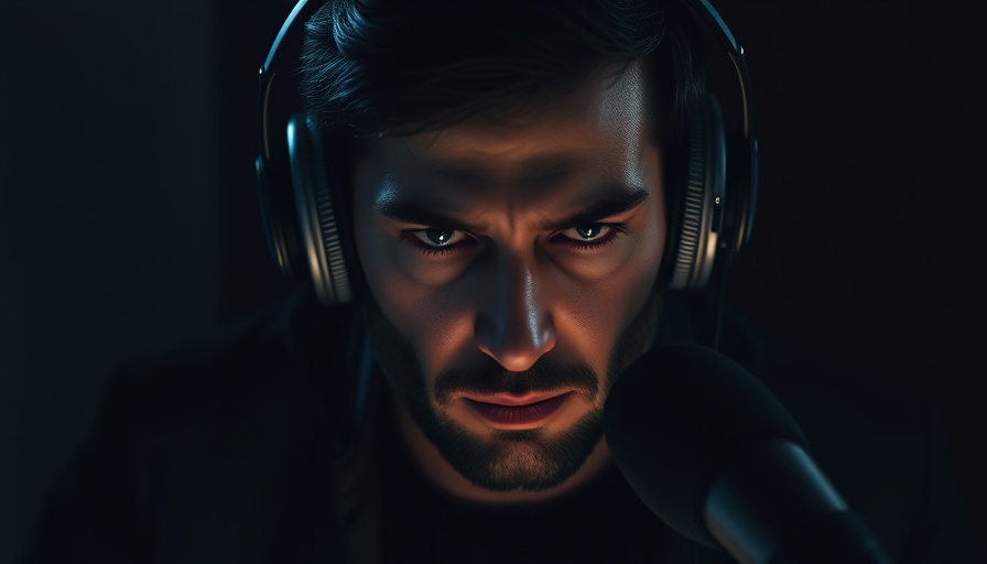 Focused man with headphones in a dark podcast setting, 60 minutes to change your life.