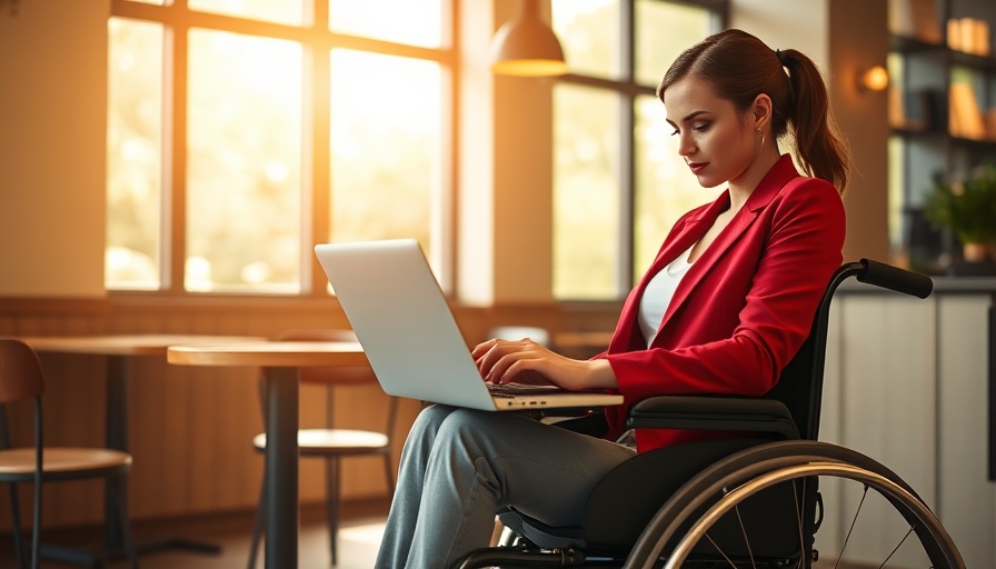 Woman in wheelchair working on laptop in sunlit cafe, European Accessibility Act Compliance.