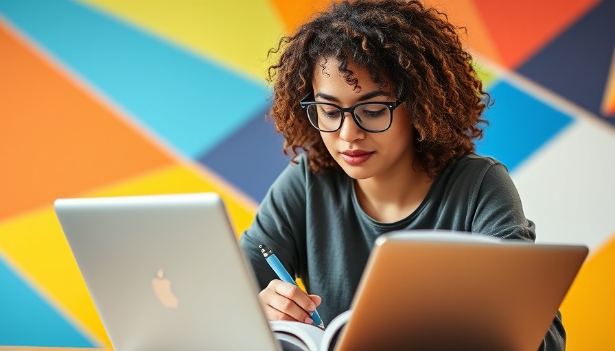 Young woman studying online with colorful background, best social media marketing courses.