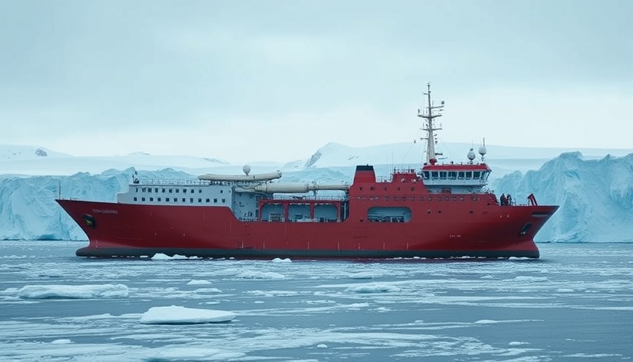 Red research vessel near glacier; saving the doomsday glacier.