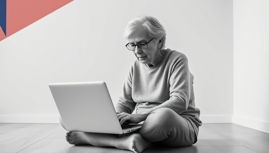 Elderly woman working on a laptop, creating a marketing project timeline.