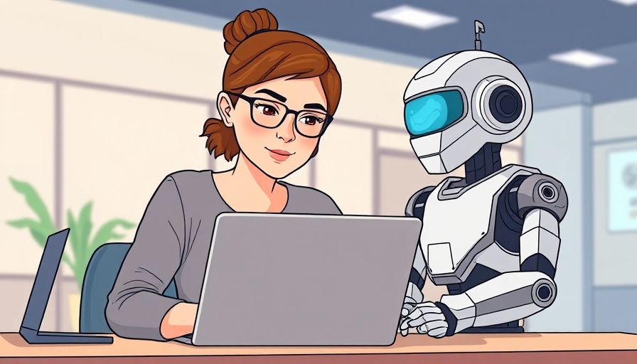 Real-World AI Agent Examples showing a woman with a robot, cartoon style.