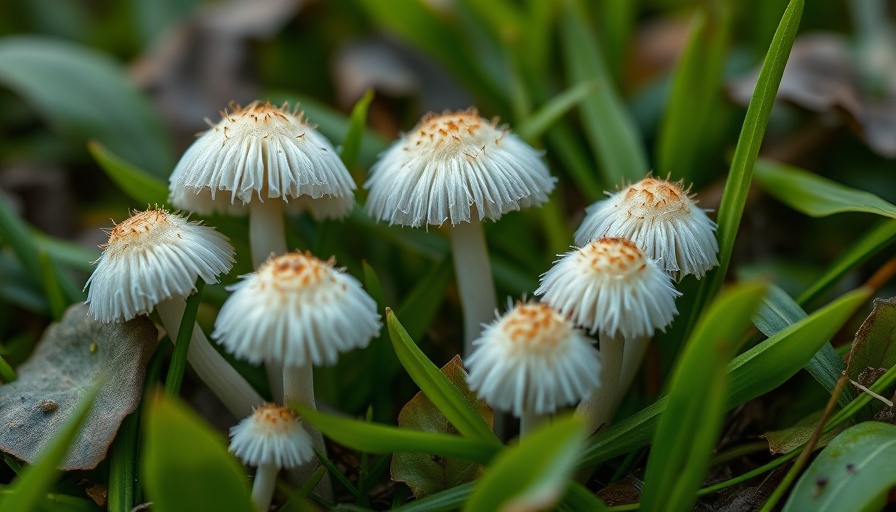 Close-up of white mushrooms growing in grass with fallen leaves.
