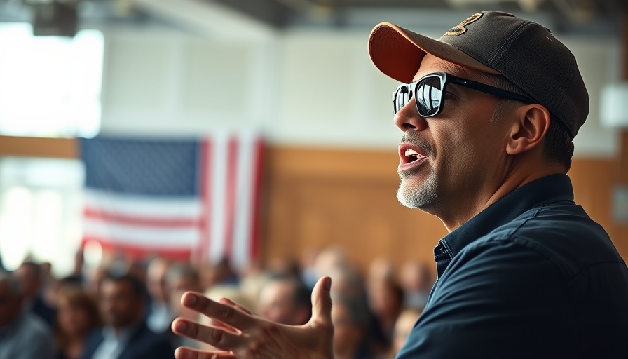 Man in sunglasses and cap speaking energetically at an event.