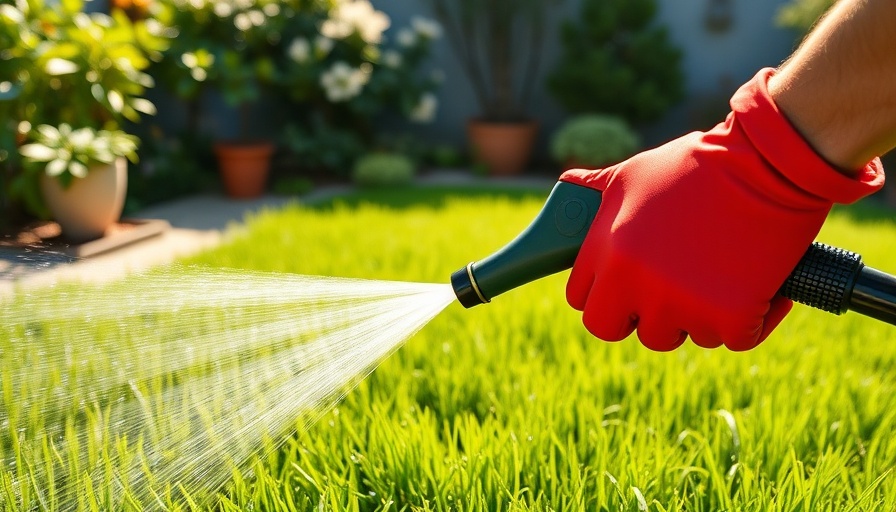 Person watering new grass seed with garden hose in bright backyard.
