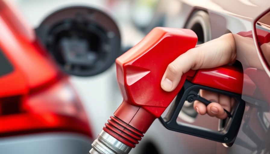 Close-up of pumping gas with red nozzle, safety tips.