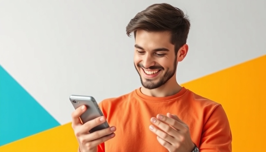 Young man smiling while on phone with social media organization tips.