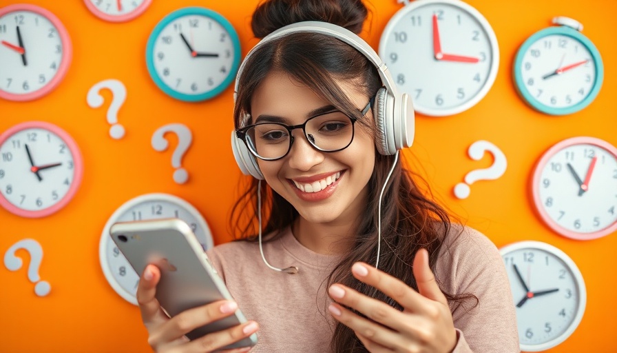 Young woman checking phone, clocks and question marks; Best Times to Post on Social Media in 2025.