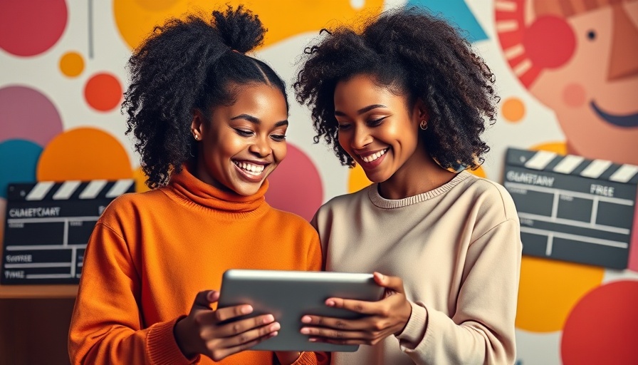 Two women happily engaged with a tablet, Video Marketing on Facebook theme.
