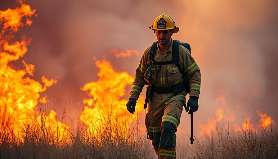 Firefighter navigating through wildfire, illustrating dangers in climate.